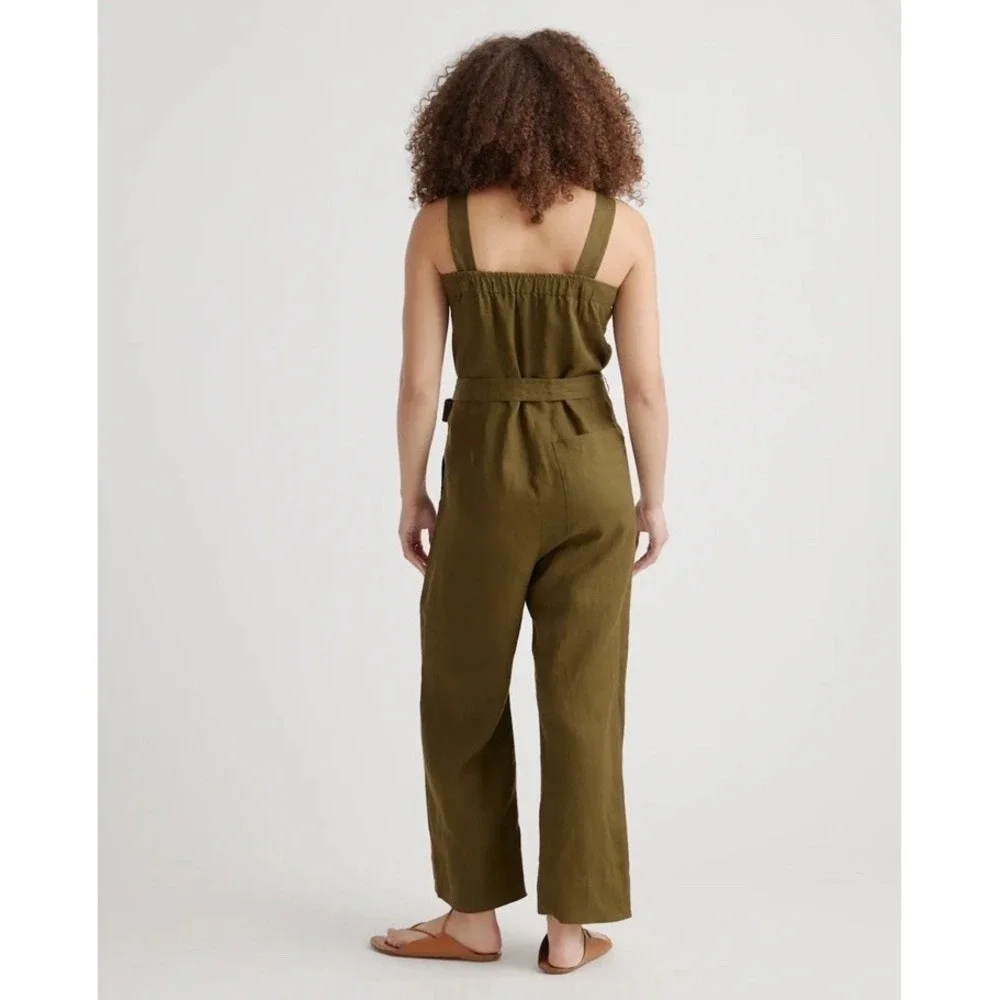 Quince Women 100% European Linen Square Neck Jumpsuit Martini Olive Size S